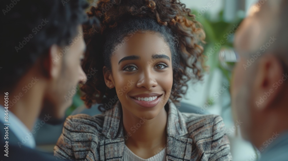 Parents accompanying their young adult child to a meeting with a financial advisor in a contemporary office setting Parents accompanying their young adult child to a meeting with a financial advisor in a contemporary office setting