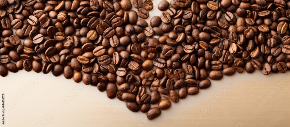 A top view of a heart shaped coffee bean on a blank space image. copy space available A top view of a heart shaped coffee bean on a blank space image. copy space available