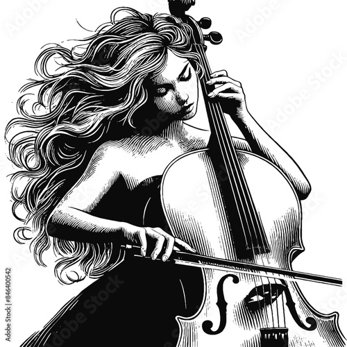 Woman playing on cello , black and white vector
