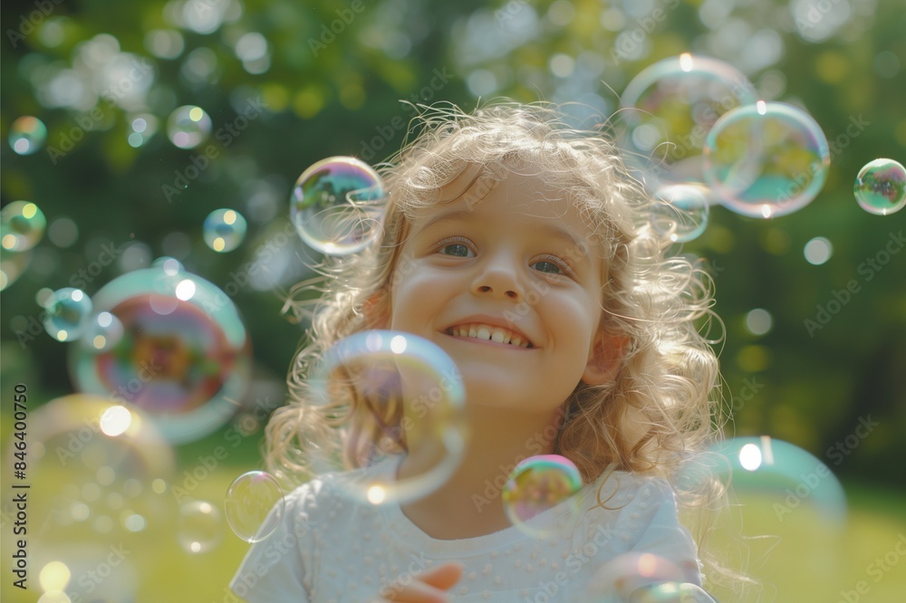 Fototapeta premium Smiling girl happily playing with soap bubbles in the park. With a blurred background of green trees.