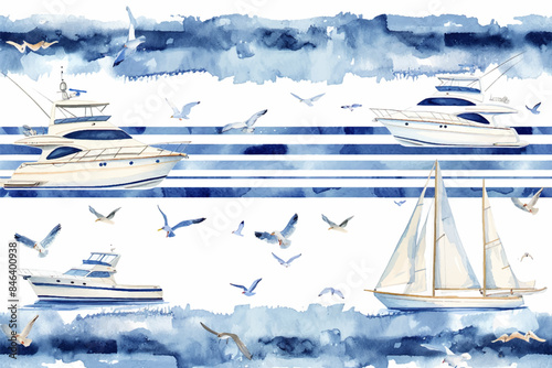 Picturesque seamless border pattern of speedboats, yacht, seagulls and blue stripes hand drawn in watercolor isolated on a white background. Watercolor seamless border.
