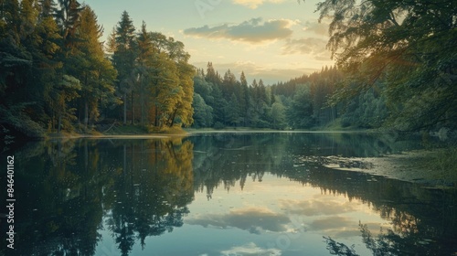 A calm lake with trees in the background