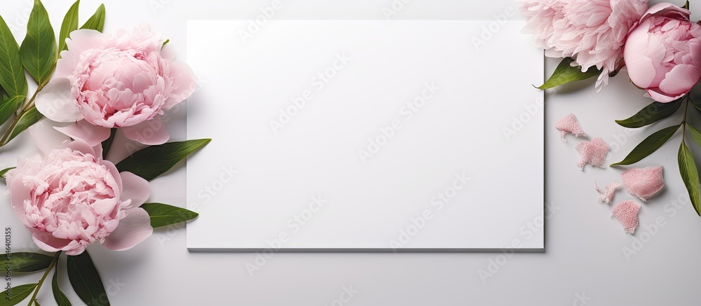 A flatlay image of a minimal interior design featuring a peony flower frame with a clear white paper in the center ready for text placement Ample empty space is available for the copy image A flatlay image of a minimal interior design featuring a peony flower frame with a clear white paper in the center ready for text placement Ample empty space is available for the copy image