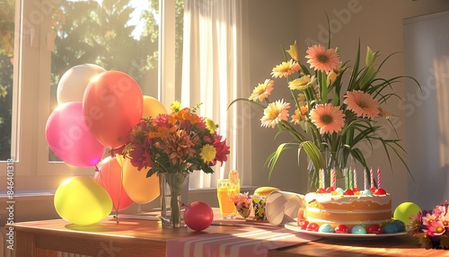 A birthday party table set with a cake, balloons, and a vase of fresh flowers