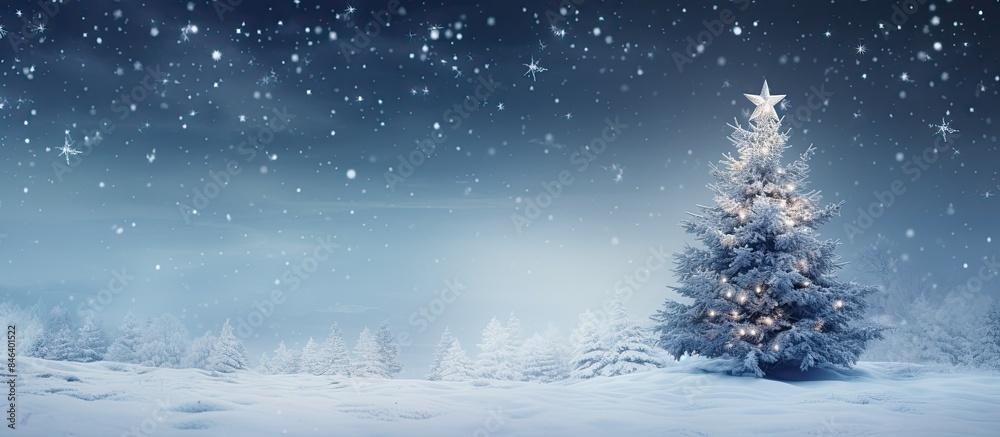 A serene winter scene with a snowy pine Christmas tree covered in hoar frost creates a magical wonderland The blurry snowflakes in the background with copy space set the stage for the coming of winte A serene winter scene with a snowy pine Christmas tree covered in hoar frost creates a magical wonderland The blurry snowflakes in the background with copy space set the stage for the coming of winte
