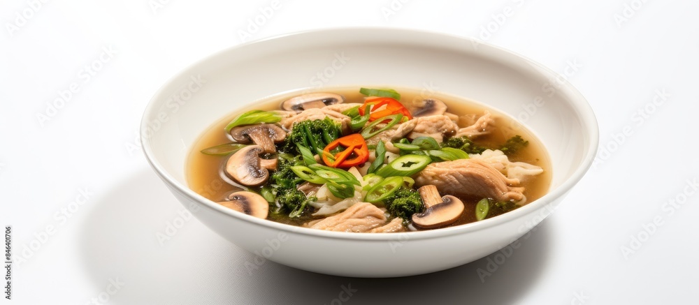 A copy space image of a white background with horizontally shot miso soup featuring pork and vegetables A copy space image of a white background with horizontally shot miso soup featuring pork and vegetables