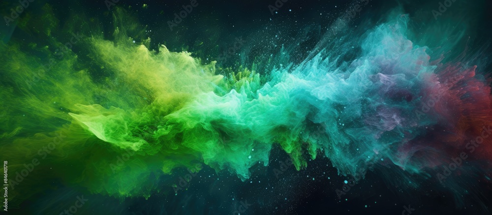 Obraz premium A captivating image with a blend of abstract powder splattering in the background capturing the frozen motion of an explosion of color powder The burst of colors includes green glitter adding a textu