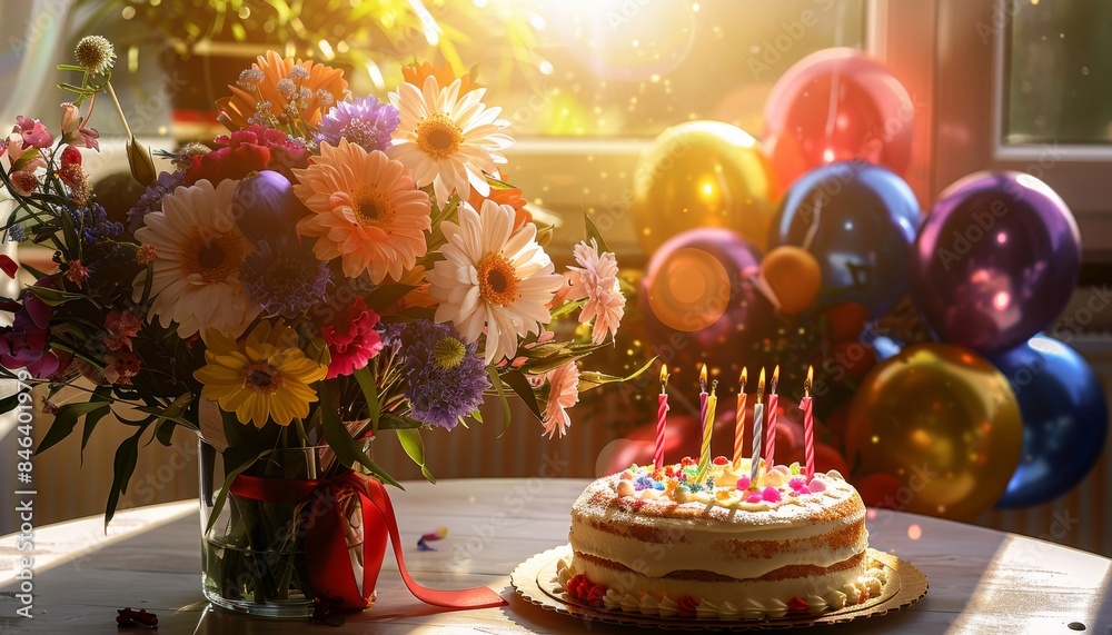 A bouquet of colorful flowers next to a birthday cake with candles and balloons A bouquet of colorful flowers next to a birthday cake with candles and balloons