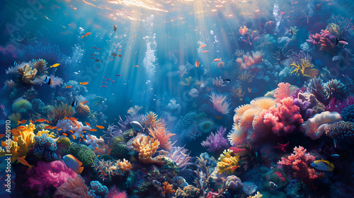 Underwater Scene - Tropical Seabed With Reef And Sunshine. Coral reef ocean floor and natural sunlight underwater seascape, Pacific ocean, French Polynesia. An underwater scene where sunlight.  photo