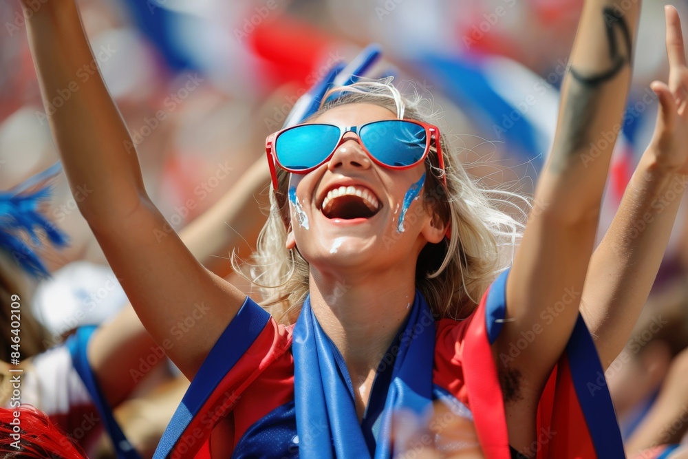 A cheering woman with face obscured is seen at a sporting event with other fans and team colors