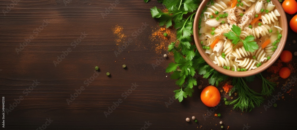 A top view flat lay of a bowl of fresh chicken soup garnished with carrots and parsley accompanied by vegetables and stelline pasta Ample copy space image A top view flat lay of a bowl of fresh chicken soup garnished with carrots and parsley accompanied by vegetables and stelline pasta Ample copy space image