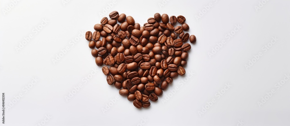 A top view of a heart shaped coffee bean on a blank space image. copy space available A top view of a heart shaped coffee bean on a blank space image. copy space available