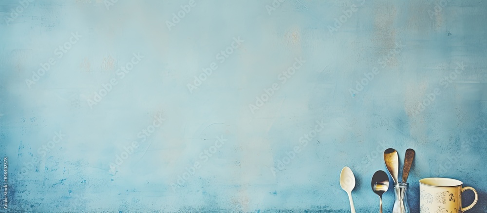 A grunge blue background with cups and spoons for a baby providing copy space for an image A grunge blue background with cups and spoons for a baby providing copy space for an image