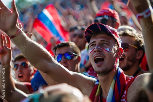 Passionate sports fans with painted faces cheer enthusiastically under the bright sunlight at a live event