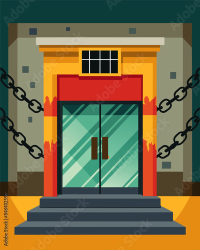 Metal chains block the entrance of the old department store its windows covered in graffiti.. Vector illustration