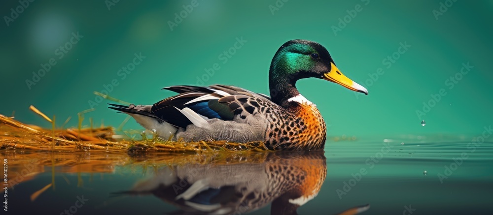 Obraz premium A mallard bird meticulously tending to its feathers in a copy space image