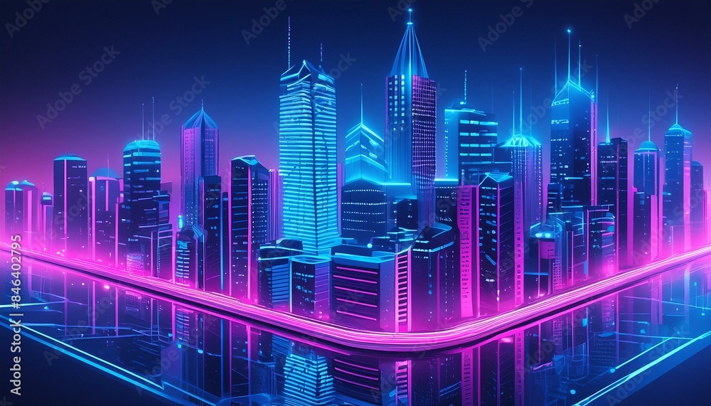 City night view in blue and pink colors with big buildings and skyscrapers City night view in blue and pink colors with big buildings and skyscrapers