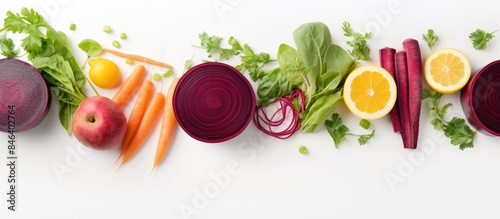 A detox smoothie made with nutritious ingredients like apple beet carrot and lemon is displayed on a white background viewed from the top with ample space for adding text or other elements