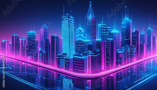 City night view in blue and pink colors with big buildings and skyscrapers