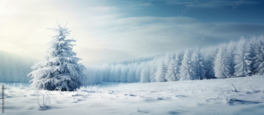 A serene winter scene with a snowy pine Christmas tree covered in hoar frost creates a magical wonderland The blurry snowflakes in the background with copy space set the stage for the coming of winte A serene winter scene with a snowy pine Christmas tree covered in hoar frost creates a magical wonderland The blurry snowflakes in the background with copy space set the stage for the coming of winte