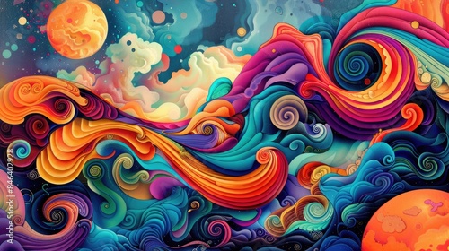 Multicolored abstract swirls and vibrant patterns create a psychedelic background photo