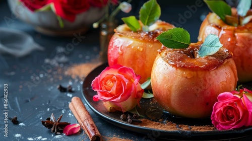 Baked apples with cinnamon. Celebration of Vardavar in Armenia. Festive table with dessert and roses. Summer ritual. Traditional Armenian festival. Free space for text photo