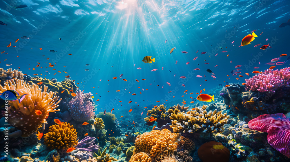 Obraz premium Underwater Scene - Tropical Seabed With Reef And Sunshine. Coral reef ocean floor and natural sunlight underwater seascape, Pacific ocean, French Polynesia. An underwater scene where sunlight. 