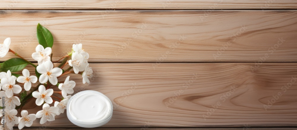 A copy space image featuring a wooden background adorned with both moisturizer and flowers A copy space image featuring a wooden background adorned with both moisturizer and flowers