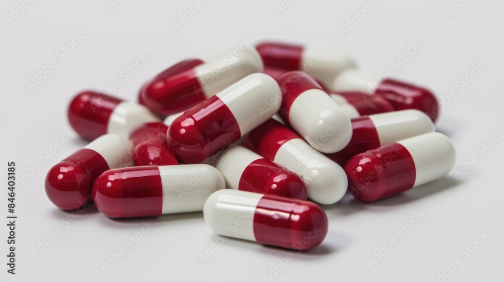 Red and white capsules on a plain white background.