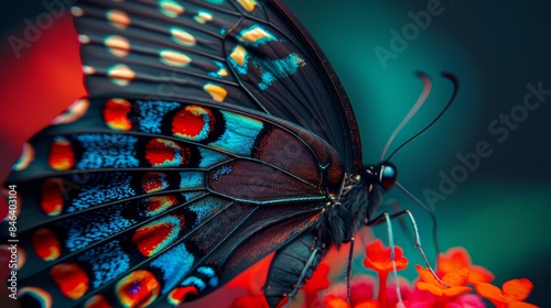  A tight shot of a butterfly atop a flower, displaying blue and red wing patterns against a backdrop of red and orange blossoms photo