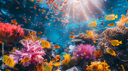 Underwater Scene - Tropical Seabed With Reef And Sunshine. Coral reef ocean floor and natural sunlight underwater seascape, Pacific ocean, French Polynesia. An underwater scene where sunlight. 