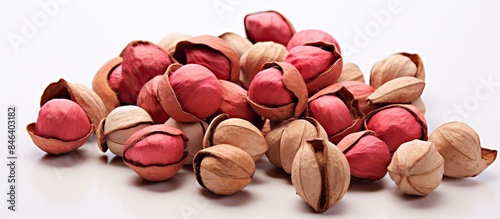 A copy space image of unshelled camellia nuts revealing their seeds on a white background
