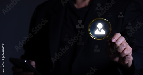 Target customer, buyer persona, marketing segmentation, job recruitment concept. Working on computer focusing on outstanding person.