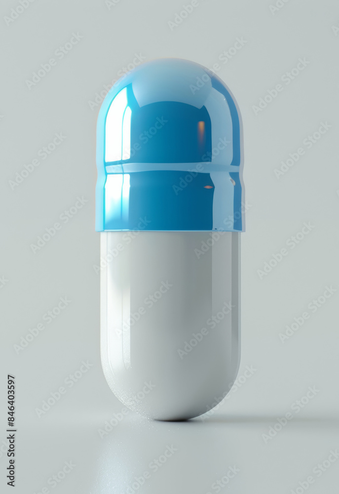 A modernist-style white and blue capsule pill is elegantly presented in 3D mock-up fashion against a light white background for minimalist product photography. A modernist-style white and blue capsule pill is elegantly presented in 3D mock-up fashion against a light white background for minimalist product photography.