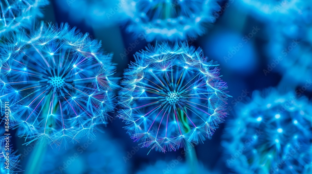 Fototapeta premium A crisp close-up of dandelions against a blue and black backdrop The dandelions' focus sharp, while their centers soften into a gentle blur