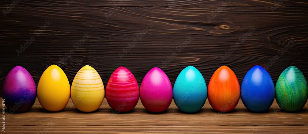 A wooden background provides copy space for six festive Easter egg decorations made of colorful plastic A wooden background provides copy space for six festive Easter egg decorations made of colorful plastic