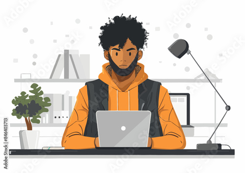 Modern Technical Support Agent Providing Online Customer Service at Home Office Desk, Minimalistic Vector Illustration with Young Professional on Laptop, Support Concept