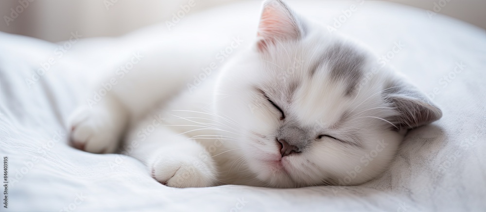 A beautiful Scottish fold kitten peacefully sleeping in a cozy white bed The cute white cat has lovely grey ears and creates a perfect copy space image for a pet cat portrait in a cozy home A beautiful Scottish fold kitten peacefully sleeping in a cozy white bed The cute white cat has lovely grey ears and creates a perfect copy space image for a pet cat portrait in a cozy home