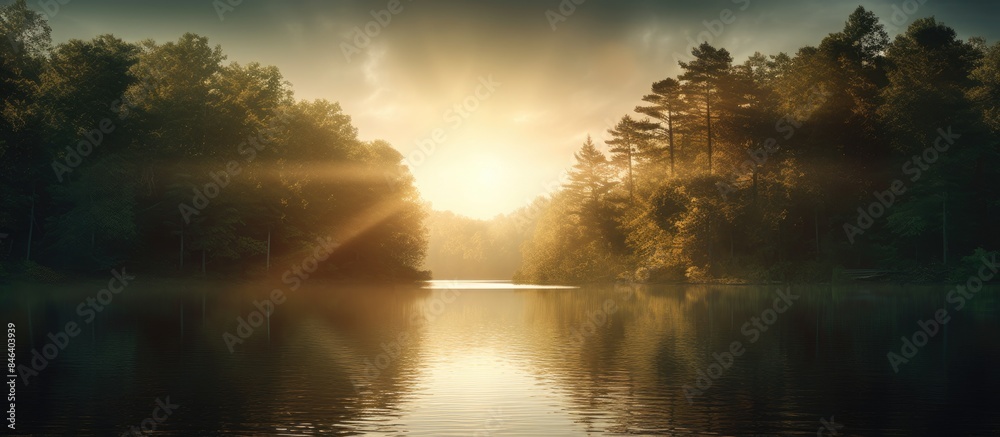 A scenic view of the woods encircling a serene lake illuminated by a radiant sun flare with plenty of blank space for adding images. copy space available A scenic view of the woods encircling a serene lake illuminated by a radiant sun flare with plenty of blank space for adding images. copy space available