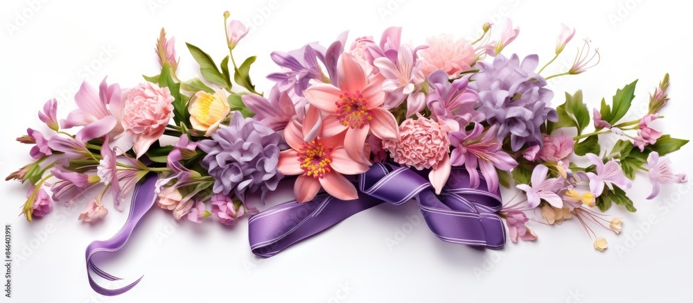 A postcard featuring a beautiful arrangement of spring flowers tied with a bow allowing for copy space image A postcard featuring a beautiful arrangement of spring flowers tied with a bow allowing for copy space image