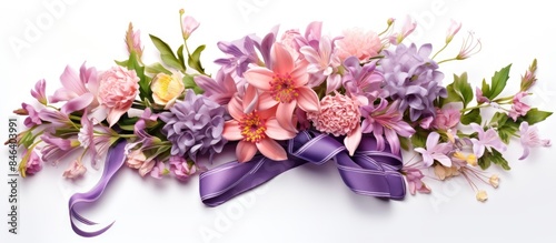 A postcard featuring a beautiful arrangement of spring flowers tied with a bow allowing for copy space image