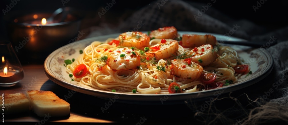 A delicious homemade dish of scallops and spaghetti accompanied by a side of bread is presented in the copy space image A delicious homemade dish of scallops and spaghetti accompanied by a side of bread is presented in the copy space image