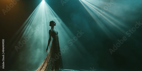 A woman in a sparkling gown stands under dramatic stage lights, evoking elegance and grace as she prepares for a captivating performance in a dimly lit scene. photo