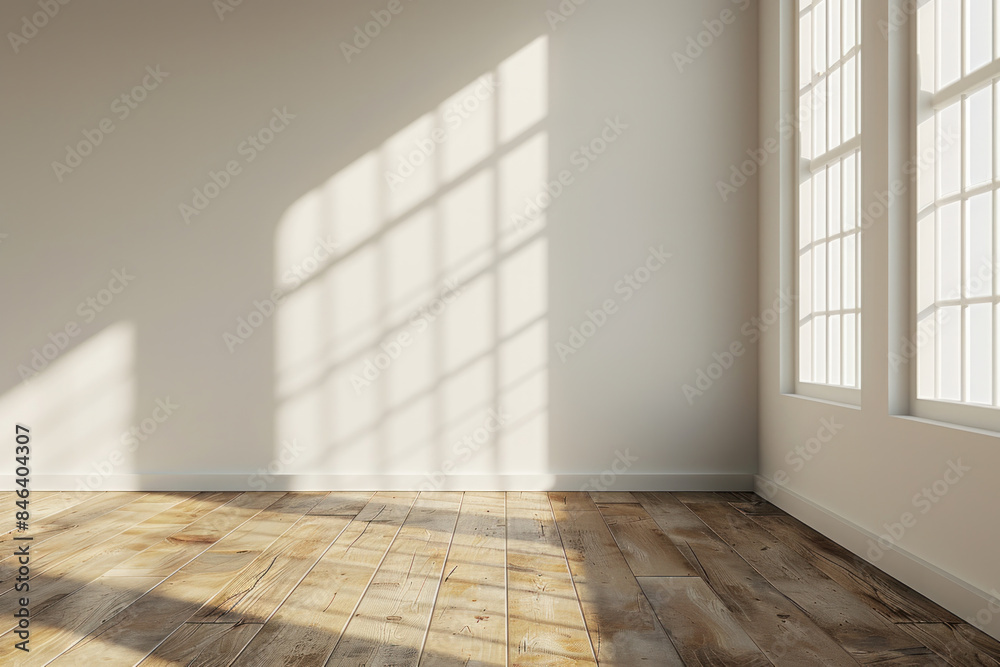 A large empty room with a window and a wooden floor. The room is very bright and open, with a lot of natural light coming in through the window. The wooden floor adds warmth and texture to the space