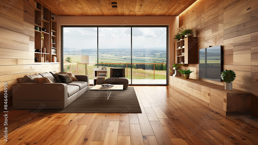 Wooden chill zone interior with sofa and armchairs, modern cabinet with tv set. Generative Ai Wooden chill zone interior with sofa and armchairs, modern cabinet with tv set. Generative Ai