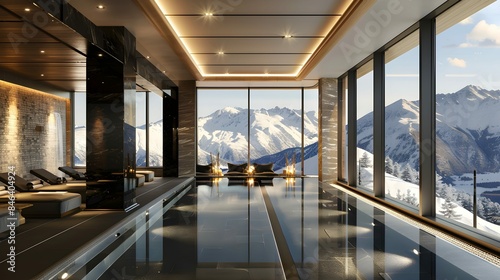 the resort's indoor pool area, with large windows offering panoramic views of snow-covered mountains, providing guests with a luxurious and relaxing escape © Pascal