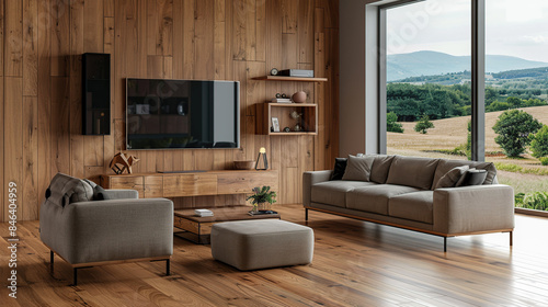 Wooden chill zone interior with sofa and armchairs, modern cabinet with tv set. Generative Ai