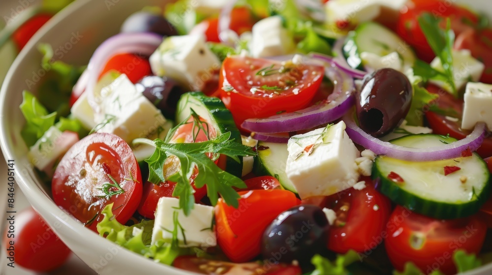 Greek Salad Closeup with Fresh Vegetables and Feta Cheese Greek Salad Closeup with Fresh Vegetables and Feta Cheese
