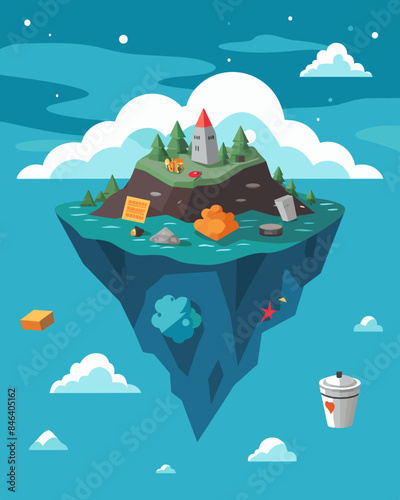 The endless expanse of the Trash Island an unnatural creation of garbage and debris that bobs on the sea.. Vector illustration
