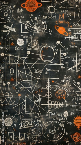 School board with chalk drawing math and chemical formulas, AI generated